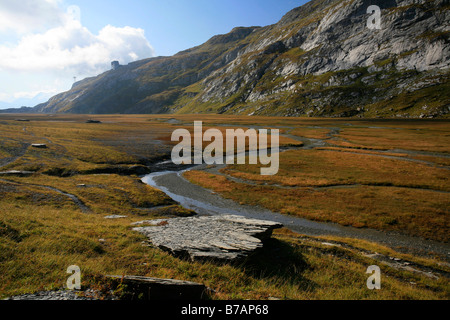 Flood plain with a meandering glacial river in the UNESCO World Natural Heritage Site, Glarus thrust, Swiss Tectonic Arena Sard Stock Photo
