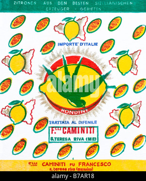 Printed ephemera / Citrus fruit wrapper from Italy - Swallow illustration on tissue paper. Stock Photo