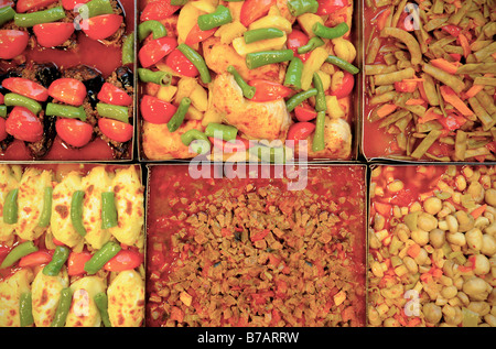 Traditional Turkish food awaits lunchtime diners at a restaurant on Divan Yolu, in Sultanahmet, Istanbul. Stock Photo