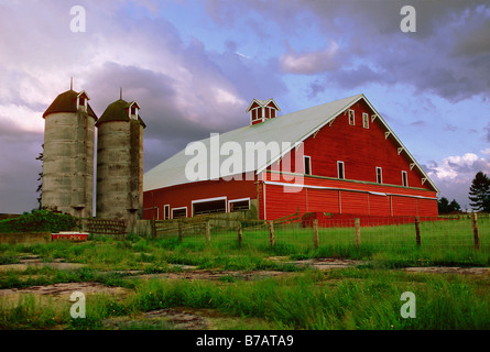 Century old barn with  a gabled roof , cupola and silos in northwest Washington on a stormy day Stock Photo