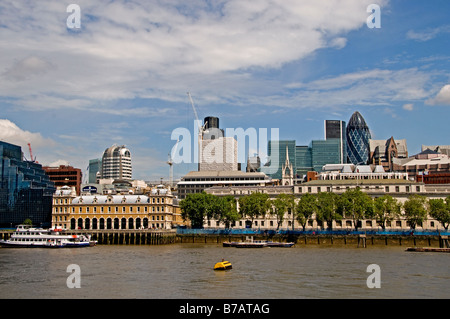 Skyline Gherkin financial bank commercial centre district riverfront river Thames Mary Axe Swiss Re tower of London skyline Stock Photo