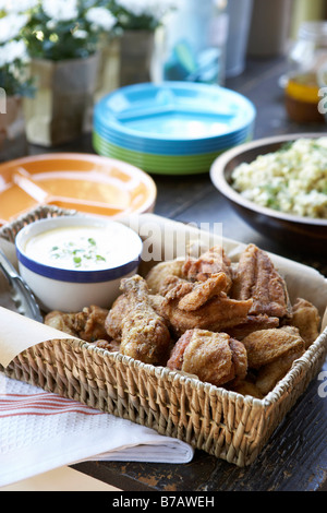 Buffet Lunch With Fried Chicken and Salads Stock Photo