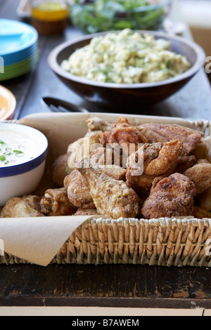 Buffet Lunch With Fried Chicken and Salads Stock Photo