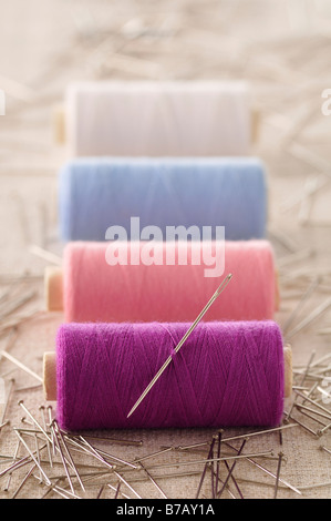 Straight Pins, Needle and Spools of Thread Stock Photo