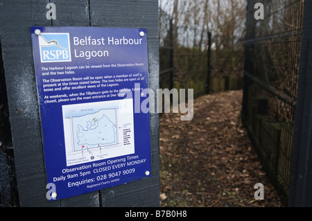 Sign at entrance to bird hide at the RSPB Reserve, Belfast Lagoon at Belfast Lough. Stock Photo