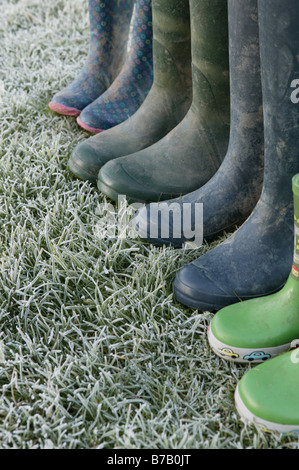 a lineup of a family of wellington boots left on some frosty green grass offering a conceptual image describing family structure