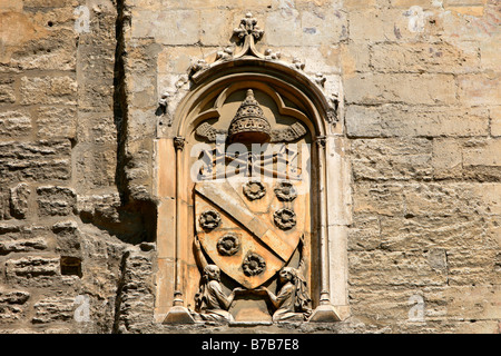 Papal coat of arms above the main entrance of the Palais des Papes in Avignon, France Stock Photo