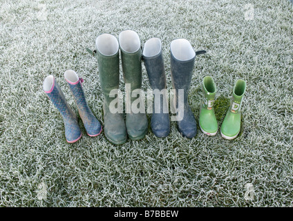 a lineup wellington boots left on some frosty green grass offering a conceptual image describing family structure