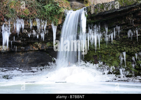 Sgwd Gwladys or Lady Falls during a cold winter Ystradfellte Brecon Beacons National Park Powys Wales Stock Photo