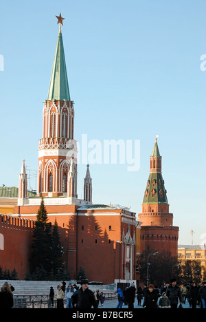 Two towers of Moscow Kremlin Nikolskaya Tower in advance and Corner Arsenal tower behind Stock Photo