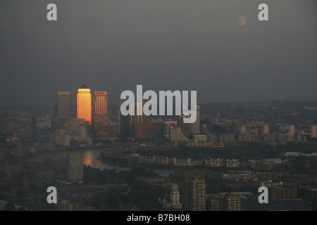 13 September 2008 View of Canary Wharf and Docklands at sunset seen from 30 St Mary Axe London England Stock Photo