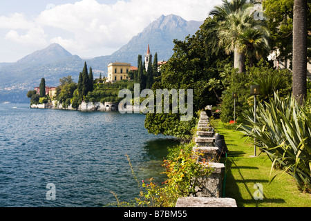Varenna coastline with view on the Villa Cipressi Hotel from the gardens of Villa Monastero. Lake Como, Lombardy, Italy Stock Photo