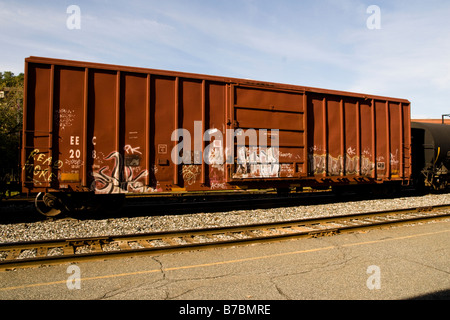 Boxcar on New England Central Railroad freight train cars in White River Junction Vermont USA Stock Photo