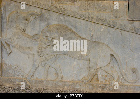 Symbol of Naruz or the Persian New Year in a Stone Carved Relief at the Ruins of Persepolis in Iran Stock Photo