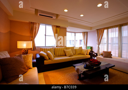 Modern living room with sofa and a low table in the center Stock Photo