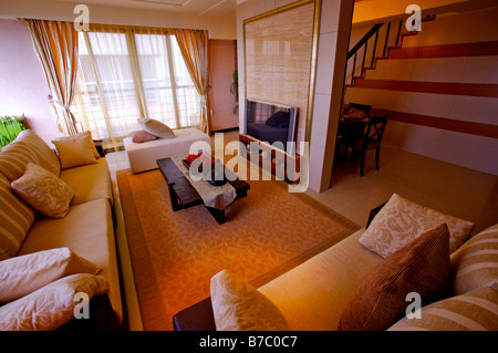 Modern dining room with a carpet in the middle and a French window Stock Photo