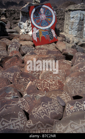 carved Buddhist mani stones Leh Ladakh India