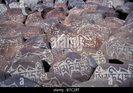 carved Buddhist mani stones Leh Ladakh India