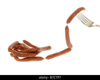 Fresh Tasty Spiced Pfiffikus Austrian Sausages On A Fork Isolated Against A White Background With No People and A Clipping Path Stock Photo