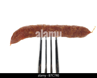 Fresh Tasty Spiced Pfiffikus Austrian Sausages On A Fork Isolated Against A White Background With No People and A Clipping Path Stock Photo