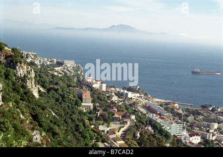 From an elevated vantage point on the climb up the rock of Gibraltar  looking across the straight toward Mount Sidi Moussa Stock Photo