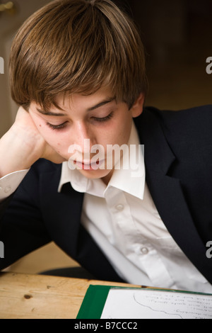 Schoolboy at table doing homework Stock Photo