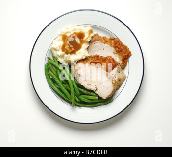 Sliced turkey with green beans and mashed potatoes with gravy on a round white dinner plate. Stock Photo