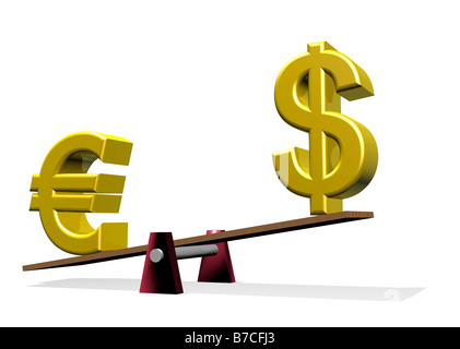 Euro and Dollar symbols on see saw showing weak Dollar 3d CGI render Stock Photo