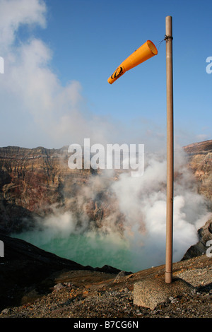 Mount Aso (阿蘇山, Aso-san, Mt Aso, Aso Volcano, active volcano, close up of the crater steaming with wind sock in view, Japan Stock Photo
