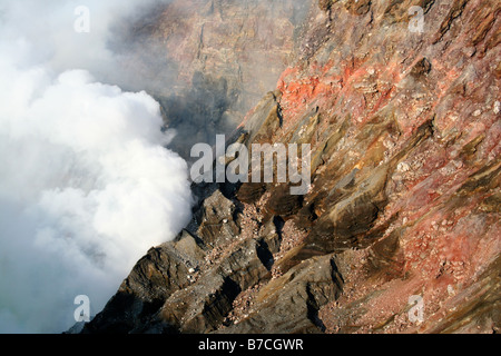 Steam escaping from Mount Aso (阿蘇山, Aso-san, Mt Aso, Aso Volcano, active volcano, close up of the crater steaming, Kyushu, Japan Stock Photo