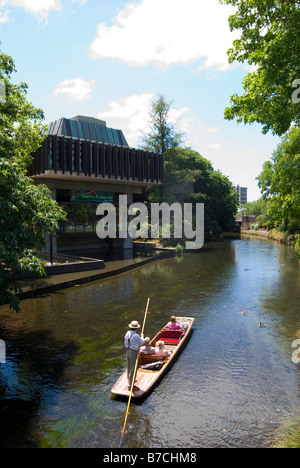 Punt on River Avon passing Christchurch Town Hall, Victoria Park, Christchurch, Canterbury, New Zealand Stock Photo