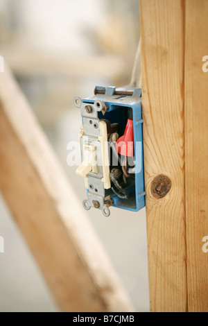 Closeup of an electrical switch box nailed to a wood beam on a construction site Shallow depth of field with focus on switch Stock Photo