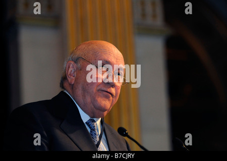 Frederik Willem de Klerk (Nobel Peace 1993) addressing a summit gathering former Nobel Peace laureates in Paris, France. Stock Photo