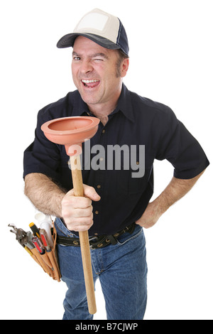 Plumber holding his plunger and giving you a wink Isolated on white Stock Photo