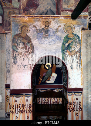 Seat and Frescoes Christ and Saint John Represented as an Eagle at the Monastery of Saint John Chora Patmos Greece Stock Photo