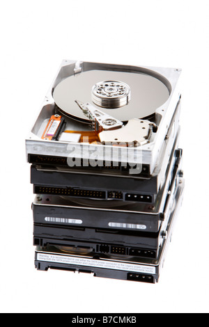 pile of open computer hard drives on a white background Stock Photo