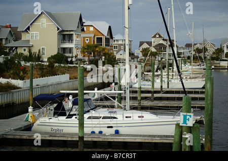Boats parked in a marina at Bald Head Island, North Carolina Stock Photo