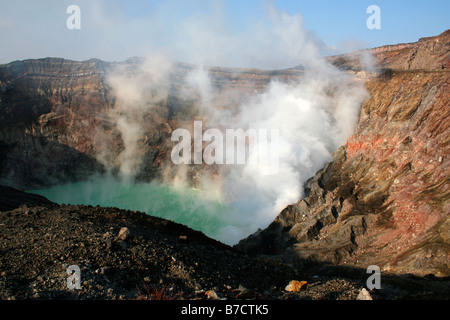 Mount Aso (阿蘇山, Aso-san, Mt Aso, Aso Volcano, active volcano, close up of the crater steaming, Japan Stock Photo