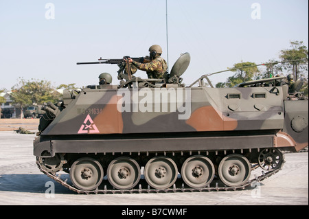 Taiwanese Soldier Firing A M2 Machine Gun In A CM-22 Armored Carrier, Taichung, Taiwan Stock Photo