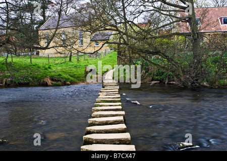 Stepping stones over the River Esk at Lealholm, North York Moors National Park, UK Stock Photo