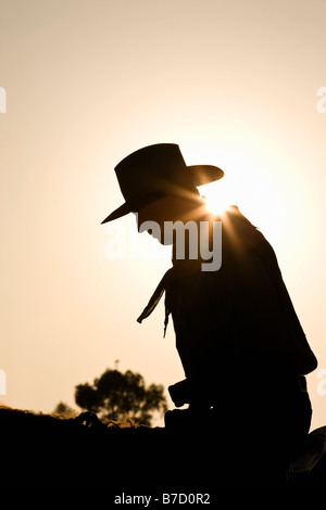 Silhouette of cowboy sitting on a horse Stock Photo