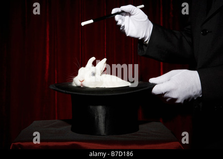 The gloved hands of a magician performing a magic trick with a rabbit in a top hat Stock Photo