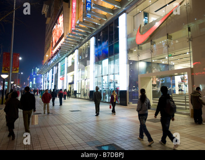 Night view of Wangfujing main shopping street and Nike shop in Beijing 2009 Stock Photo