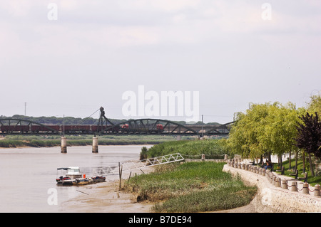 Train crossing a lift bridge in Alcacer do Sal Alentejo Portugal Stock Photo