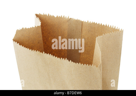 Close up of open top empty brown paper bag on white background Stock Photo