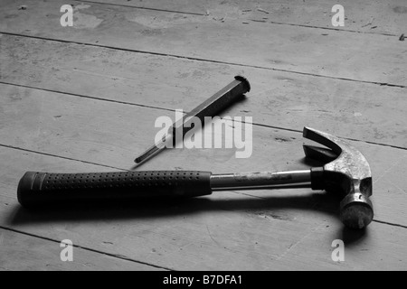 'hammer and punch', hammer, punch, floor, wood, DI Stock Photo