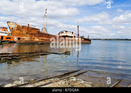 Old fishing ship in a shipyard. Portugal Stock Photo