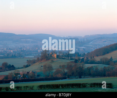 The ruins of Stapleton Castle, near Presteigne, Powys, Wales, UK. Winter sunrise over the Lugg valley Stock Photo