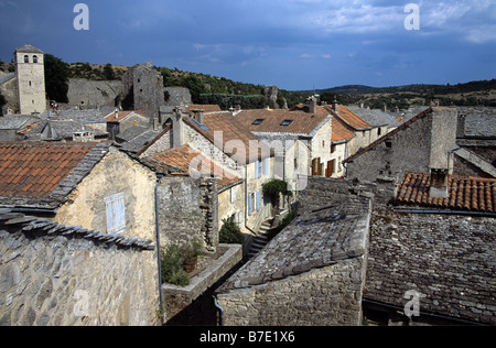 Houses inside Walls of the Fortified Village of La Couvertoirade (Village of Knights Templar)  Larzac Plateau, Aveyron, France Stock Photo