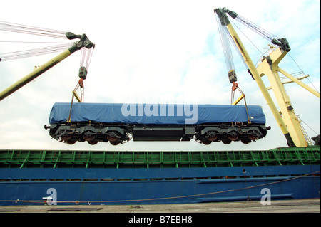 Canadian manufactured heavy freight locomotive being unloaded at Newport Docks South Wales UK Stock Photo